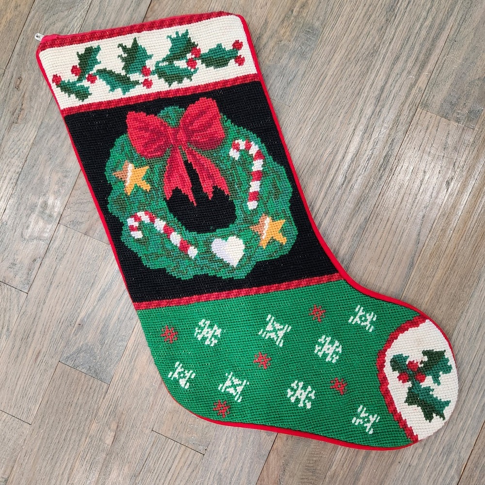 VTG Handmade Wool Needlepoint Holly‎ Wreath Candy Cane Christmas Velvet Stocking